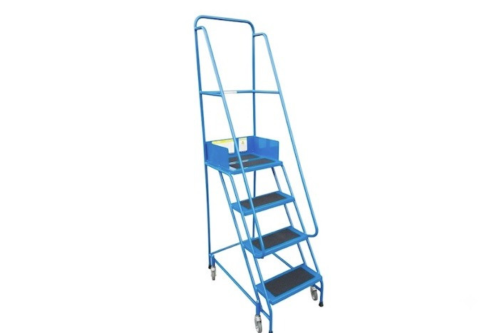 Mobile warehouse ladder with dual handrails and 4 wheels. 