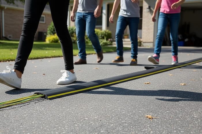 People walking alongside 2 channel cable protector outdoors