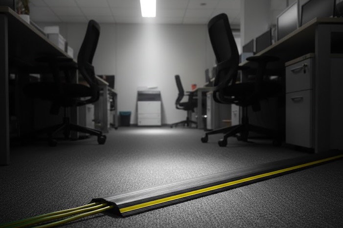 Black and yellow floor cable protector in office infront of desk 