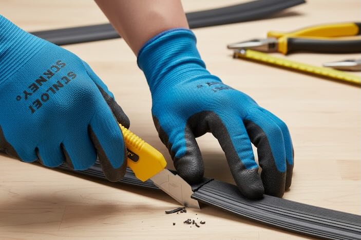 Cable protector being cut with a knife 