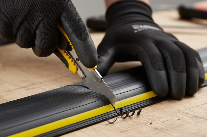 Cable protector being cut with a knife Cable protector being cut with a knife