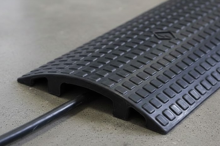 Black cable cover with cable passing below 