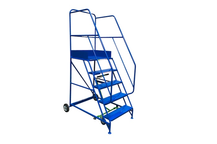 Blue steel heavy duty mobile ladder on wheels