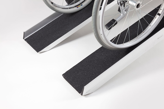 Pair of mobility scooter loading ramps in use 
