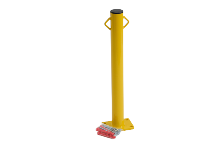 Yellow steel security bollard with eyelets and fixings 
