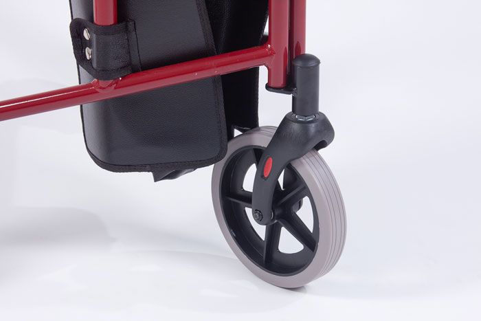 Front wheel of 3-wheel red rollator
